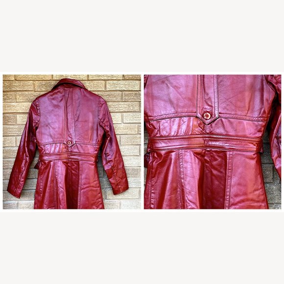 Vintage 70’s Long Leather Trench Coat Penny Lane Oxblood Belted Maxi Boho Jacket - Picture 9 of 17